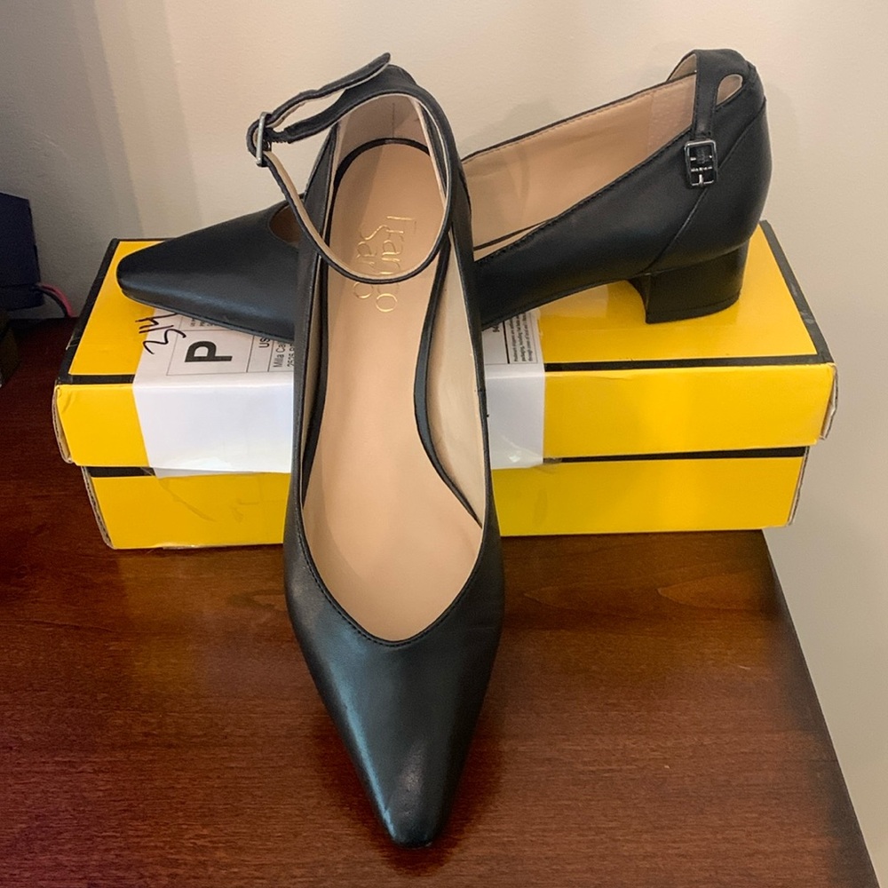Franco Sarto pointed flats with ankle strap.